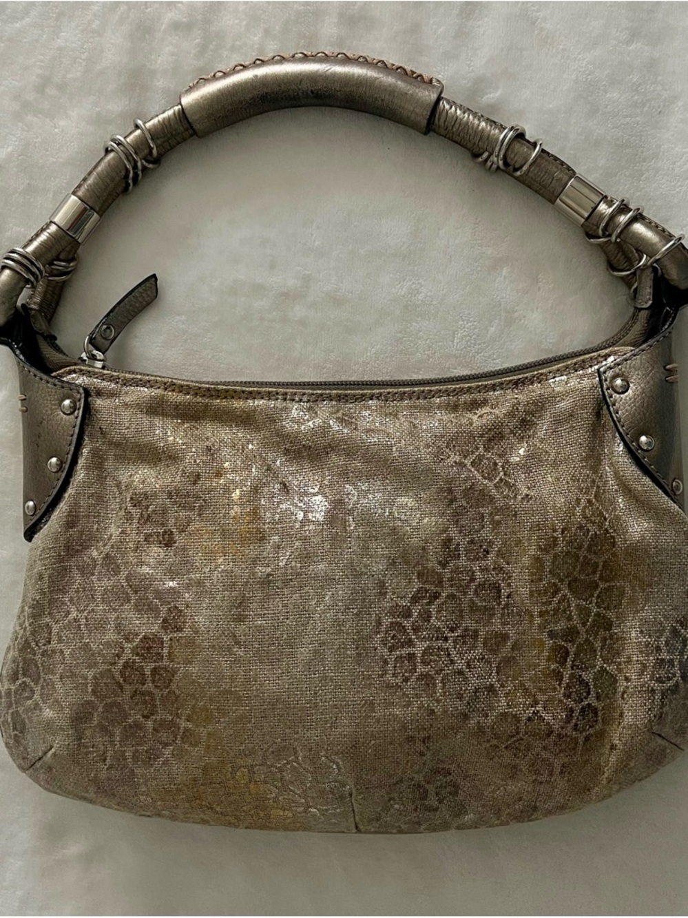 Donald J. Pliner Metallic Taupe Snake-Print Shoulder Bag